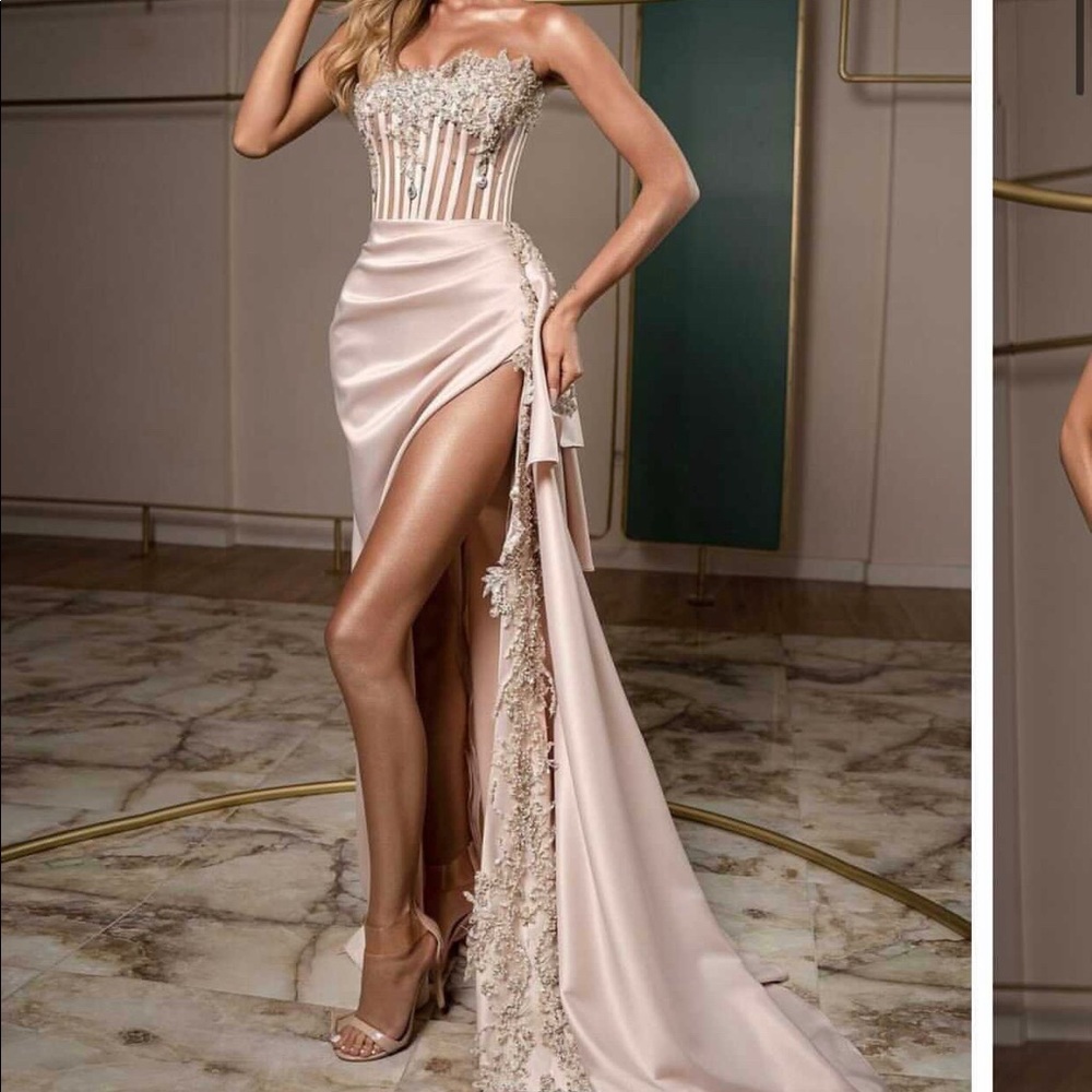 Sequined off-shoulder split mopping evening gown
